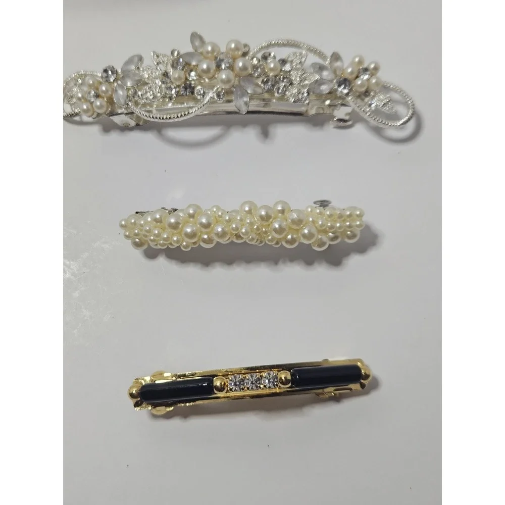 Vintage Hair Barrettes Clips Lot 7pc Faux Pearl Rhinestone Gold Silver Enamel